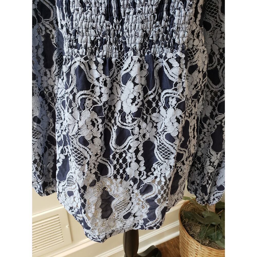 Women's Suzanne Betro Navy Lace Print 3X Top with Smocked Waist and Long Sleeves - Picture 4 of 9